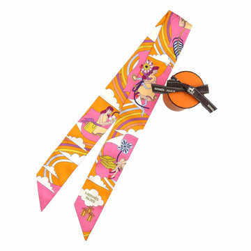 HERMES Twilly Flying Carre Silk Pink Orange Scarf Muffler 0240