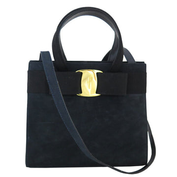 SALVATORE FERRAGAMO Handbag Shoulder Bag Vala Ribbon Suede/Canvas Navy x Black Gold Women's