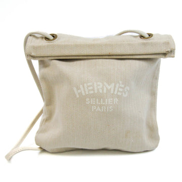 HERMES Arena PM Women's Cotton Canvas,Leather Shoulder Bag Cream,White