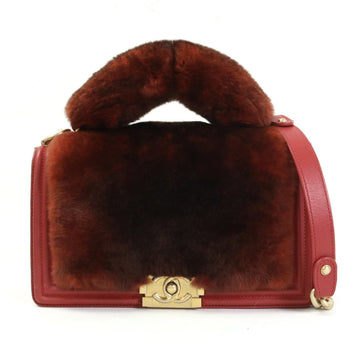 Chanel Handbag Diagonal Shoulder Bag Boy Fur/Leather Brown Red Gold Ladies e55871a