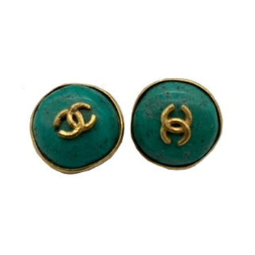 CHANEL earrings vintage gold metal fittings turquoise blue logo