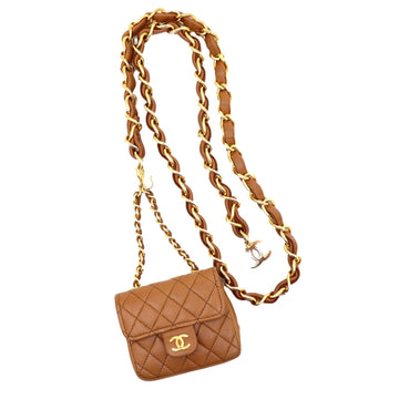 Chanel Mini Matrasse Chain Belt Waist Pouch Ladies Brown Lambskin Bag Turn Lock