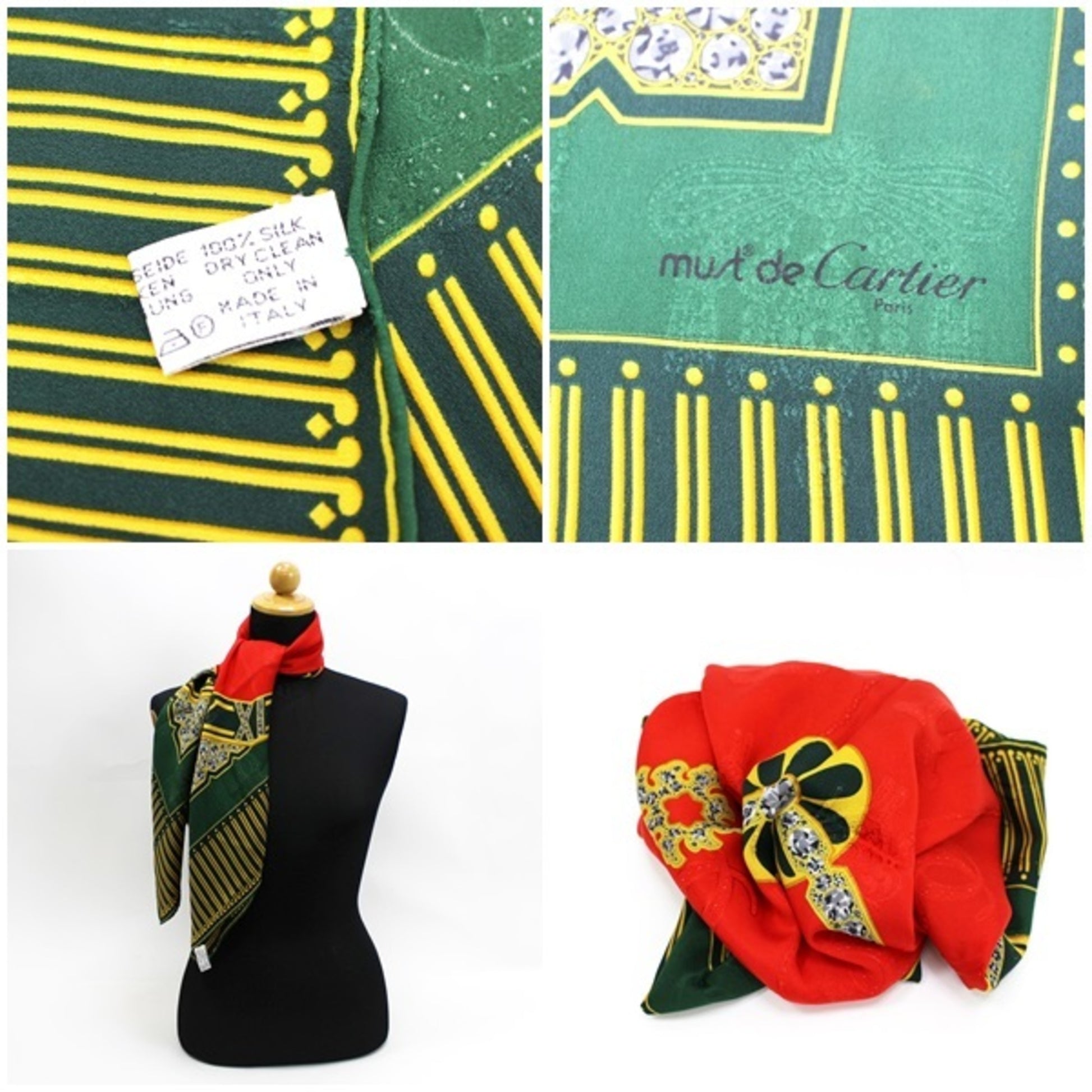 CARTIER silk scarf muffler watch pattern red x green must de | Ladies