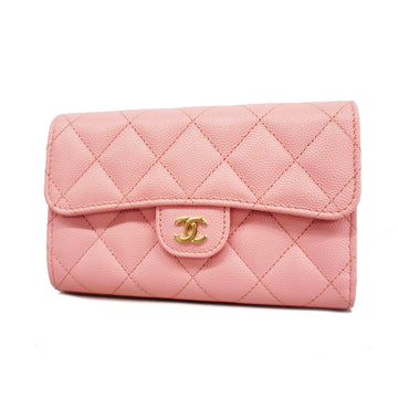 Chanel Matelasse Tri-fold Wallet Gold Metal Fittings Caviar Leather Pink