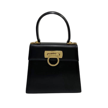 SALVATORE FERRAGAMO Gancini Hardware Calf Leather Handbag Mini Tote Bag Black 20761