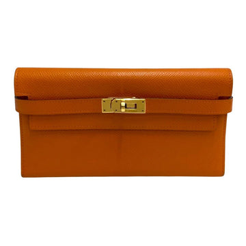 HERMES Kelly Wallet Long Vaux Epson Leather Genuine Orange