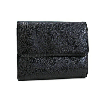 Chanel Caviar Skin Tri-Fold Wallet Coco Mark Leather Black CHANEL Ladies