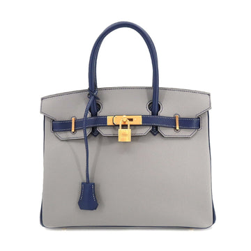 HERMES Birkin 30 Personal SPO Handbag Epson Grimmette Blue Saphir A Engraved Matte Gold Metal Fittings