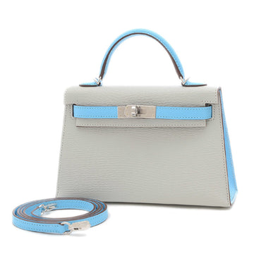 Hermes Kelly Mini De Chevre Pearl Gray/Celeste Handbag Silver Hardware Z Engraved Personal