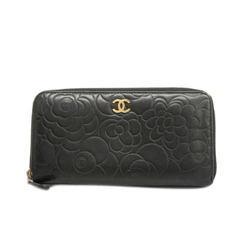 CHANELAuth  Camellia Long Wallet Gold Hardware Women's Lambskin Black