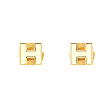 HERMES Cage d'H Cube Earrings Gold White Accessories