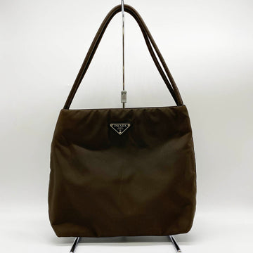 PRADA tote bag handbag armrest triangular plate logo white tag brown nylon ladies USED