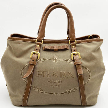 PRADA Shoulder Bag Handbag 2WAY Brown Beige Canvas Leather Ladies Fashion