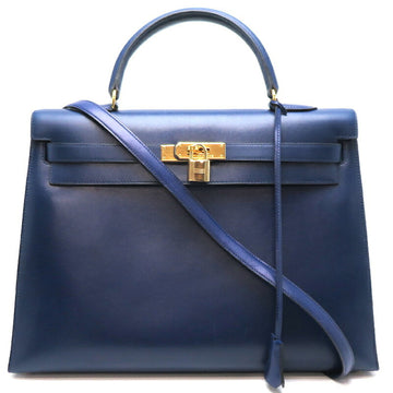 HERMES Kelly 35 Outside Sewing A Stamp [Made in 1997] Women's Handbag Box Calf Navy