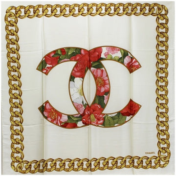CHANEL Silk Scarf Muffler Coco Mark Camellia Chain Pattern Ivory  Ladies
