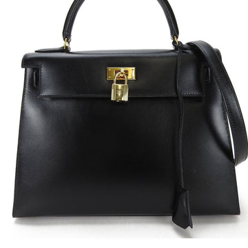 HERMES Kelly 28 Handbag Boxcalf Shoulder Outside Sewing Black 〇W Stamp Ladies  hand bag shoulder black gold