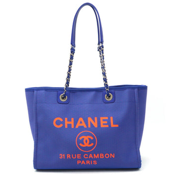 CHANEL Deauville Line Medium Tote MM Bag Shoulder Chain Canvas Blue A67001