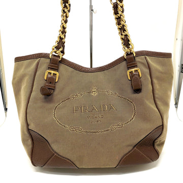 PRADA Chain Tote Bag Jacquard Canvas Leather Beige Brown Gold Hardware Women's
