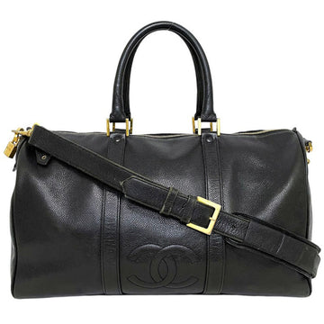 Chanel Boston Bag Black Gold Coco Mark Leather Caviar Skin CHANEL 2way with Shoulder 44cm Luggage Women's Genuine