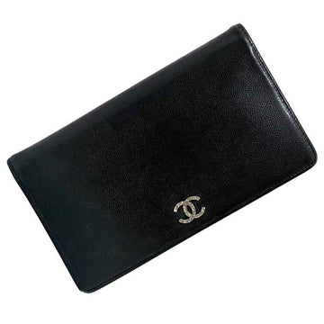 Chanel bi-fold long wallet black silver zeburga 6314 coco mark leather caviar skin 13 series CHANEL folding women's