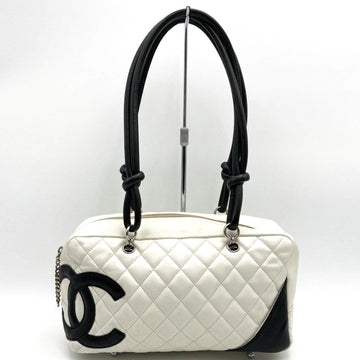 CHANEL Cambon Line Shoulder Bag Bowling White Black Leather Silver Hardware Women's