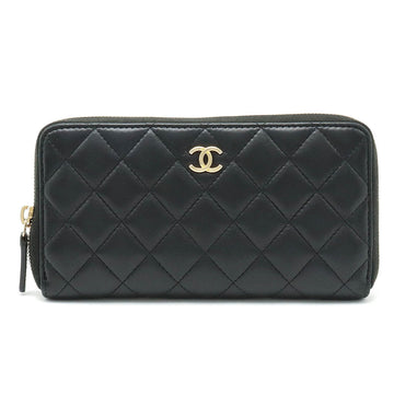 CHANEL Matelasse Inner Quilted Round Long Wallet Lambskin Leather Black AP0041
