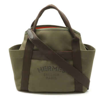 Hermes Sac de Pansage Groom Tote Bag Shoulder Canvas Leather Khaki Orange X Engraved