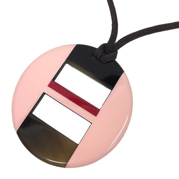 HERMES Buffalo Horn Lacquer Ops Pendant Necklace Pink