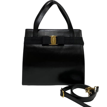 SALVATORE FERRAGAMO Vara Ribbon Metal Fittings Calf Leather Genuine 2way Handbag Shoulder Bag Black