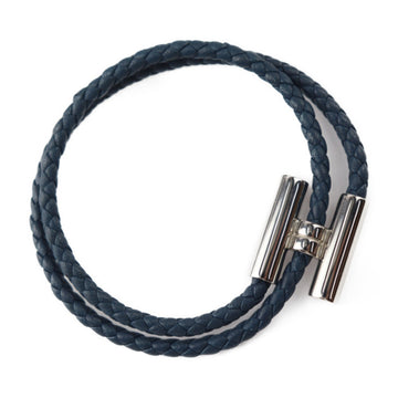 HERMES Tournis Tresse Bracelet Leather Navy Silver Hardware Braided Double