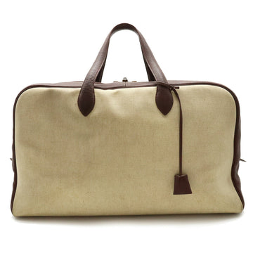 HERMES Victoria 50 Boston Bag Toile Ash Taurillon Clemence Beige Tail Brown