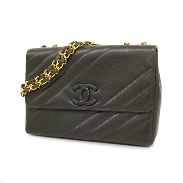 CHANELAuth  Bias Stitch W Chain Women's Caviar Leather Shoulder Bag Black