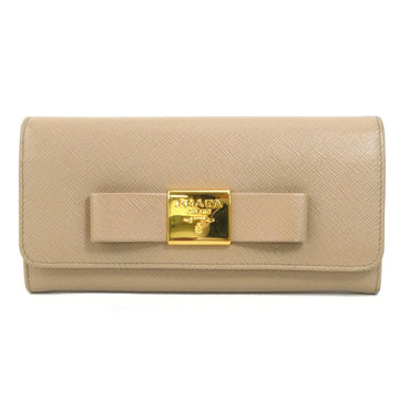 PRADA long wallet ribbon leather beige gold ladies