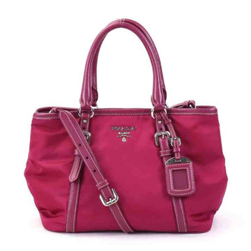 PRADA handbag shoulder bag logo nylon / leather magenta silver ladies