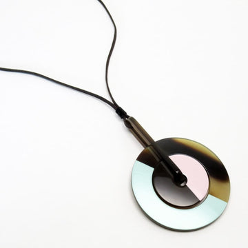 HERMES necklace pendant brown system x green pink buffalo horn