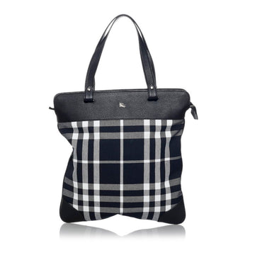 Burberry check tote bag black white canvas leather Lady's BURBERRY