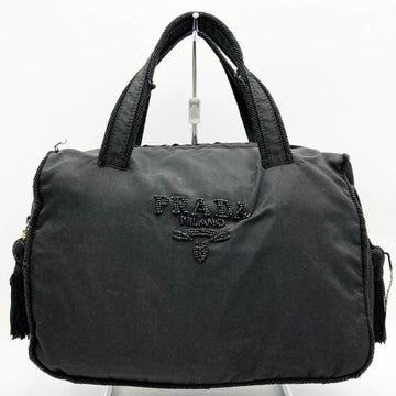 PRADA Handbag Mini Bag Black Nylon Logo Bead Bijou Fringe Tassel Brand Ladies