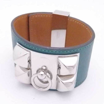 HERMES bracelet collie ed cyan leather/metal green x silver unisex