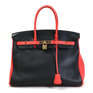 HERMES Handbag Personal Order Birkin 35 Taurillon Clemence Black x Rouge Pivoine Gold Unisex