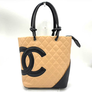 CHANEL Bag Cambon Line Medium Tote Beige x Black Handbag Coco Mark Matelasse Ladies Calf Leather A25166