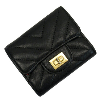 Chanel Tri-Fold Wallet 2.55 Chevron V Stitch Black Pink Lambskin A82723