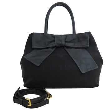 Prada 2Way Bag Ribbon Black x Gold Hardware Nylon Leather Handbag Shoulder Women's 1BG068