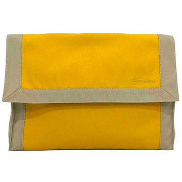 HERMES Clutch Bag Tapidocell Yellow Beige Cotton Canvas  Embroidery in