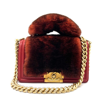 CHANEL Crossbody Shoulder Bag Boy  Leather/Fur Red Women's