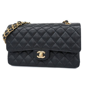 CHANELAuth  Matelasse W Flap W Chain Women's Caviar Leather Shoulder Bag Black