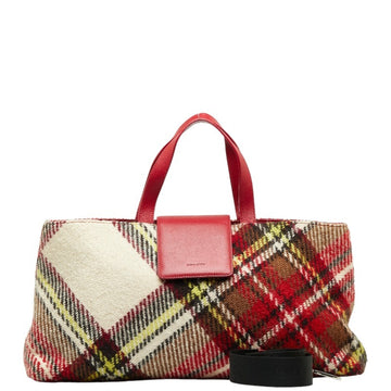 BURBERRY Check Handbag Shoulder Bag Beige Red Wool Leather Ladies