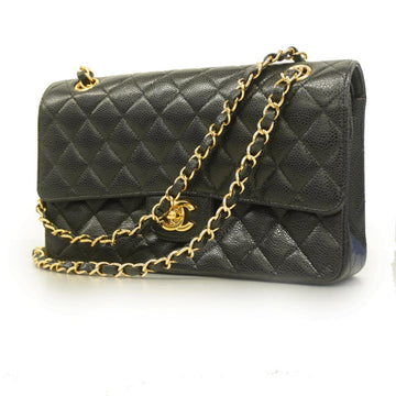 CHANEL Shoulder Bag Matelasse W Flap Chain Caviar Skin Black Ladies