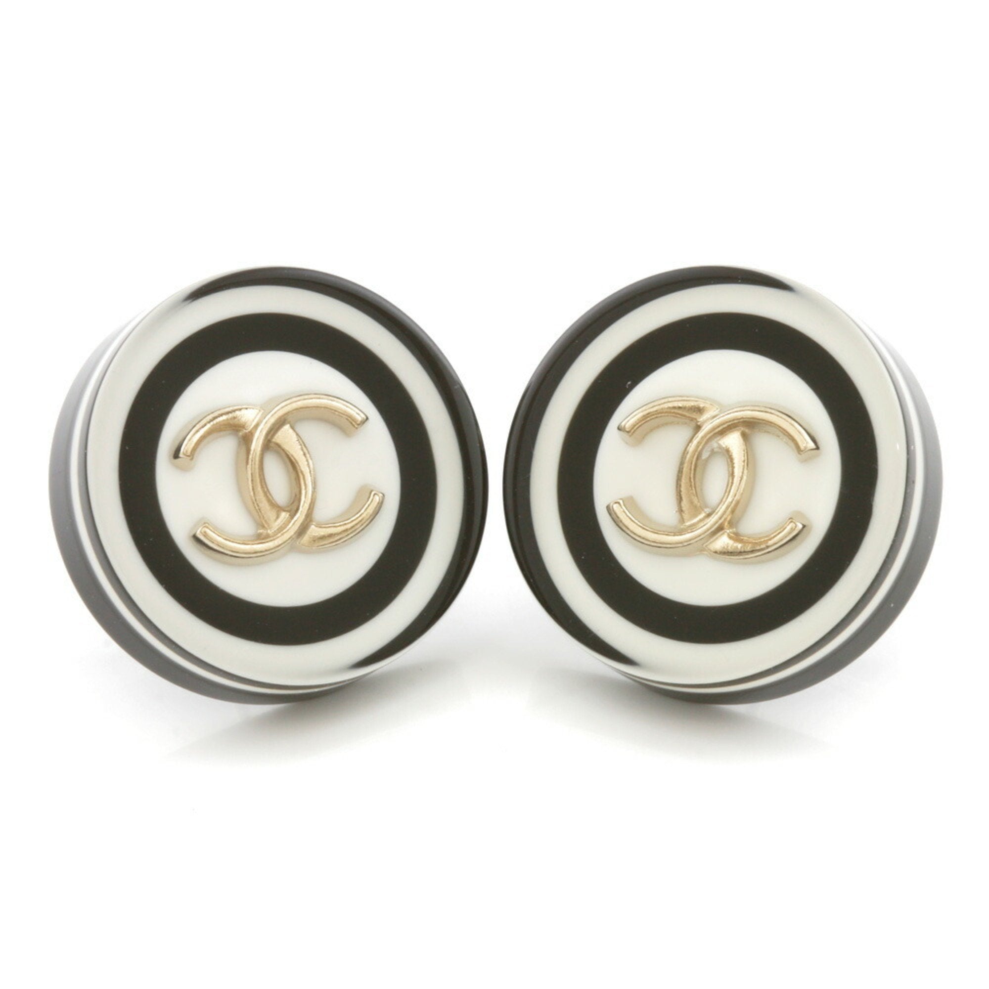 Chanel Earrings Coco Mark Round Black White Gold Ladies Metal
