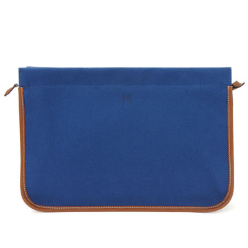 HERMES clutch bag canvas leather navy brown ladies  blue