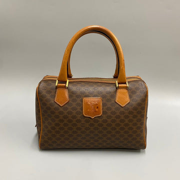 CELINE Vintage Macadam Blason Triomphe Logo Embossed Leather Genuine Handbag Boston Bag Brown